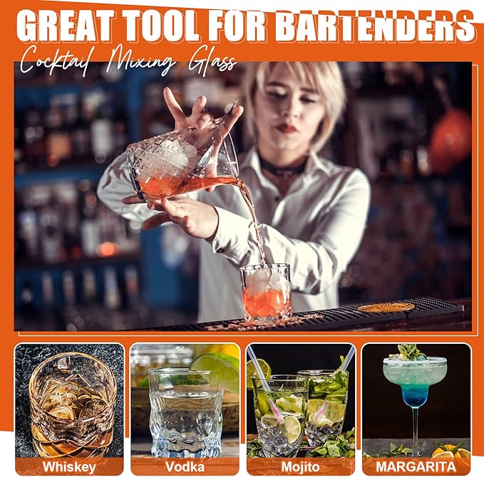 Dandat Cocktail Mixing Glass Crystal Stirring Glass Thick Bottom Seamless Cocktail Pitcher for Home Bartender Bar Whiskey Martini Drink Shaker Accessories(4 Pcs,24 oz)