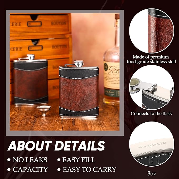 Rtteri 6 Set 8 oz Leather Hip Flasks for Liquor for Men Leak Proof Stainless Steel Drinking Flasks with Funnel Soft Wrap Whiskey Vessels for Wedding Bridesmaid Christmas Gifts (Brown)