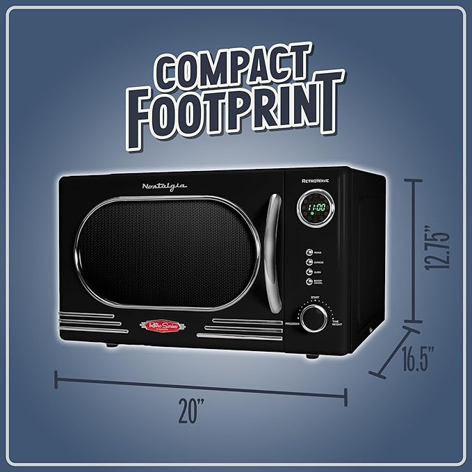 Nostalgia NRMO11BK6A 1000 Watt Power Retro Countertop Microwave Oven Easy to Clean with Removable Glass Turntable-Child Safety Lock-12 Programs-Digital Clock, 1.1 Cu. Ft, Black