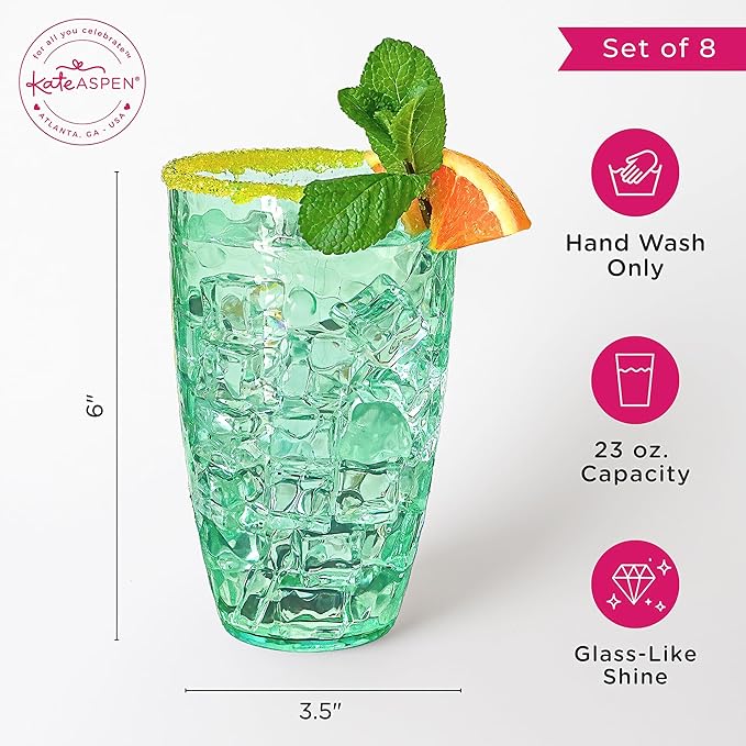 Kate Aspen Hammered Teal Plastic Drinking Glasses Set of 8, 23 oz, Acrylic Glasses Drinkware, Tumblers & Water Glasses for Patio, Iced Tea, Smoothies, BPA-Free Plastic Cups Reusable