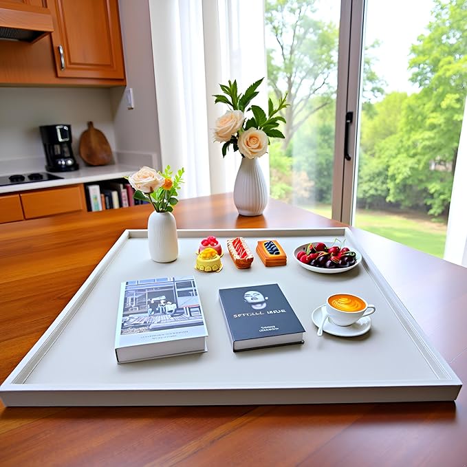 30 * 30 Inch Rectangular Ottoman Tray | Textured PU Leather, Waterproof & Heat-Resistant Storage for Coffee/Dining Tables, Sofa, Bed, Entertainment & Party (Tranquil Beige, 30 * 30in)