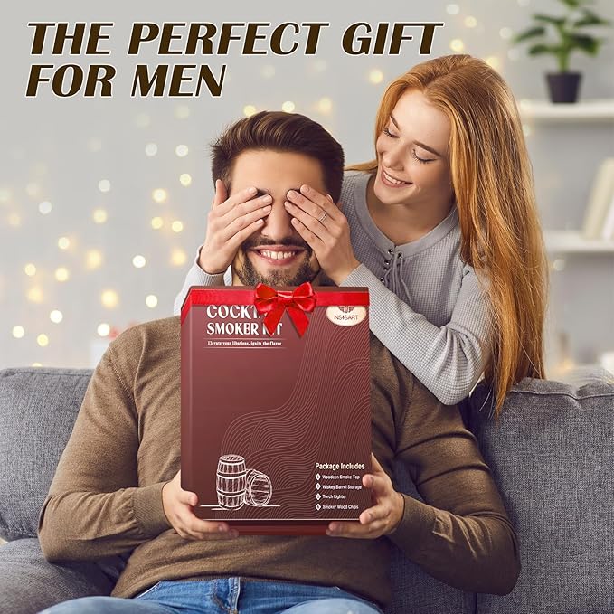 Whiskey Smoker Kit with Charred Wood Barrel (Patent Pending) – Cocktail Smoker with Torch & 6 Premium Wood Chips for Old Fashioned & Whiskey – Perfect Home Bar Gift for Men, Dad, Husband (No Butane)