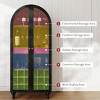 71" Wine Bar Cabinet, Arched Storage Cabinets with Door, Whiskey Station with Wine Rack and Glass Holder, Liquor Bar Cabinet for Home Kitchen Living Dining Room (Black)