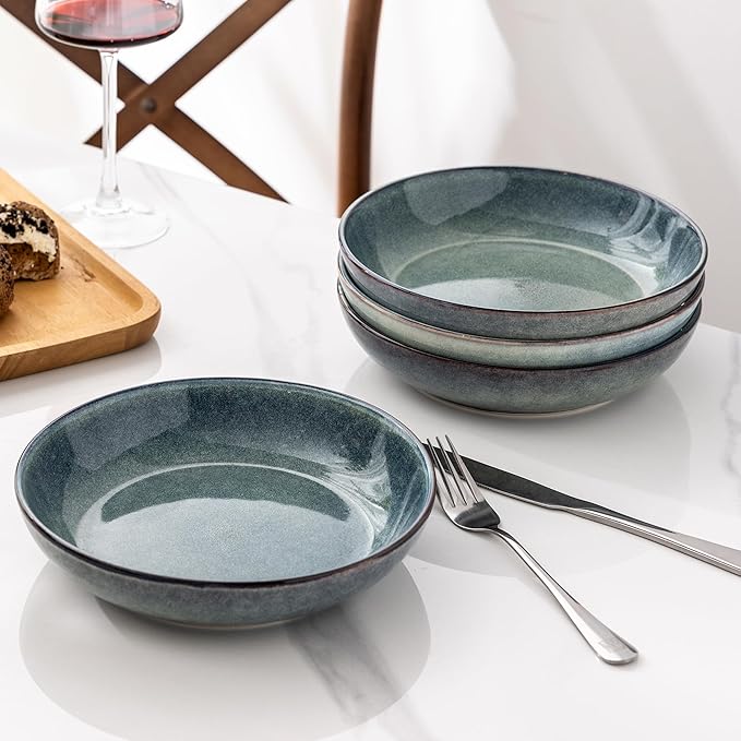 AmorArc 8.5'' Large Ceramic Pasta Bowls Set, 36oz Stoneware Bowls Set of 4 for Kitchen, Reavtive Glaze Bowls-Microwave, Dishwasher Safe for Pasta,Salad,Oatmeal-Ceylon Blue