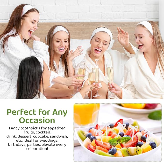 100Pcs Bow Cocktail Picks Party Toothpicks White Plastic Fruit Skewers Christmas Bow Drink Stirrers Cupcake Toppers Fancy Toothpick for Appetizers Drinks Wedding Coquette Birthday Bow Party Decor