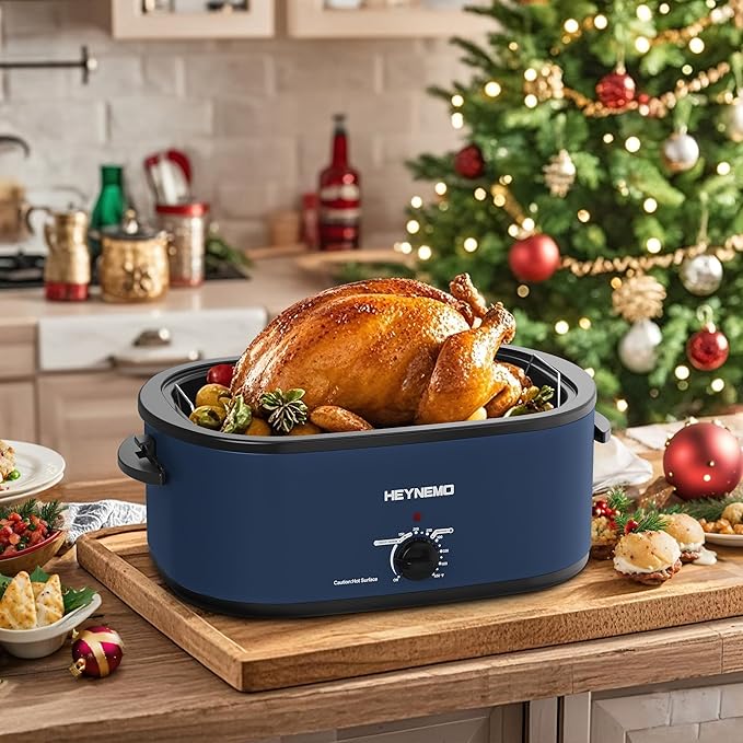 24QT Electric Roaster Oven, Electric Turkey Roaster with Viewing & Self-basting Lid, Stainless Steel Turkey Roaster Oven, Blue