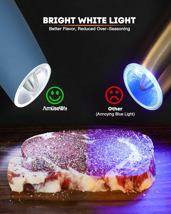 AmuseWit Gravity Electric Salt and Pepper Grinder Set [White Light] USB Rechargeable Automatic Pepper and Salt Mills,Adjustable Coarseness,One-Handed Operation, Misty Blue