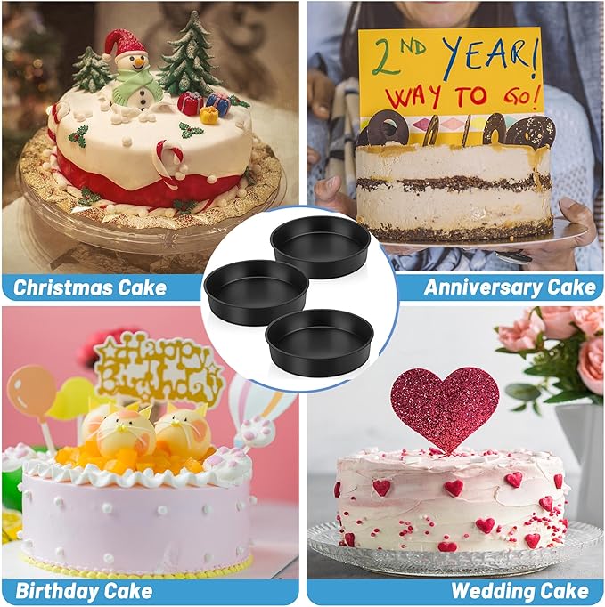 TeamFar 9½ Inch Cake Pan Set of 3, Layer Round Baking Cake Pans for Birthday Wedding Party, Stainless Steel Core & Black Nonstick Coating, Healthy & Heavy Duty, 2 Inch Deep & Easy Clean