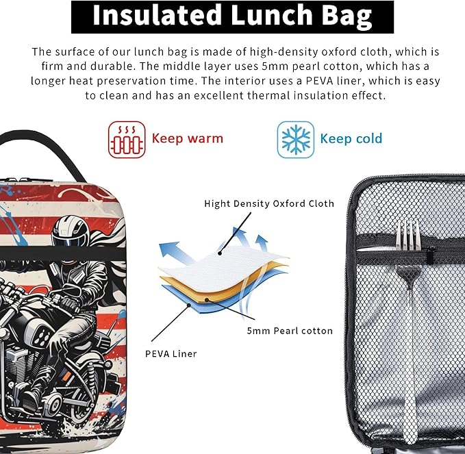 American Flag Motorcycle Insulated Lunch Bag for Women & Men, Reusable Leak-Proof Lunch Box with Cooler Compartment, Lunch Tote for Adults Work Travel Picnic Durable & Washable