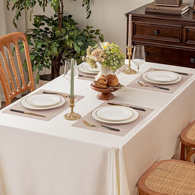 Romanstile Vinyl Placemats Set of 8-12 X 18 Inch - Heat Resistant Non-Slip Embossed Floral Place Mats 100% Waterproof Oilproof Wipeable Faux Leather Table Mats for Kitchen/Dining/Party, Khaki