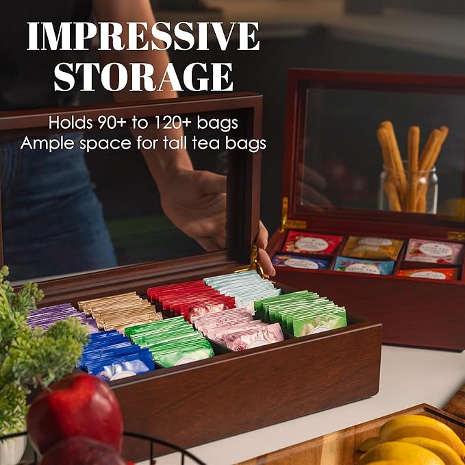 Tea Box - Luxury Wooden Tea Bag Organizer from The Apace Premier Collection - 6 Compartment Tea Storage Chest Container - Elegantly Handmade w/Scratch Resistant Window