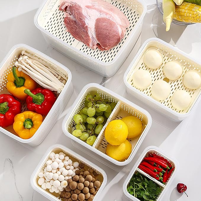 Upgraded Fresh Produce Vegetable Fruit Storage Containers,Large Fruit Containers for Fridge with Lid Vent Handle and Colander ,Keep Berry Fruit Vegetable Food Meat Fresh Longer (4)