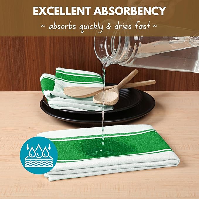 Native Fab Green Kitchen Towels 18 x 28 Inch, 4 Pack, Wide Stripe, Super Absorbent, Fast Dry, Soft, Cotton Dish Towels for Wiping Hands, Drying Dishes, Counter Cleaning Dish Cloth Set - Green
