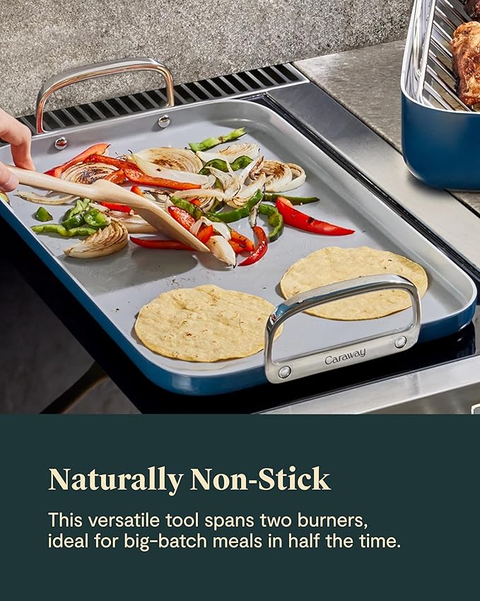 Caraway Double Burner Griddle - 19x12” Griddle Pan - Non-Stick Ceramic Coated - Non Toxic, PTFE & PFOA Free - Oven Safe & Compatible with All Stovetops - Black