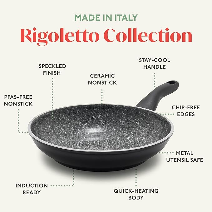 Rigoletto 8” Nonstick Frying Pan Skillet, Made in Italy, Vesuvio Layered Ceramic PFAS-Free Surface, Induction Ready, Dishwasher & Metal Utensil Safe, Granite Finish, Stay-Cool Handle, Black