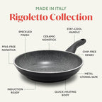Rigoletto 8” Nonstick Frying Pan Skillet, Made in Italy, Vesuvio Layered Ceramic PFAS-Free Surface, Induction Ready, Dishwasher & Metal Utensil Safe, Granite Finish, Stay-Cool Handle, Black