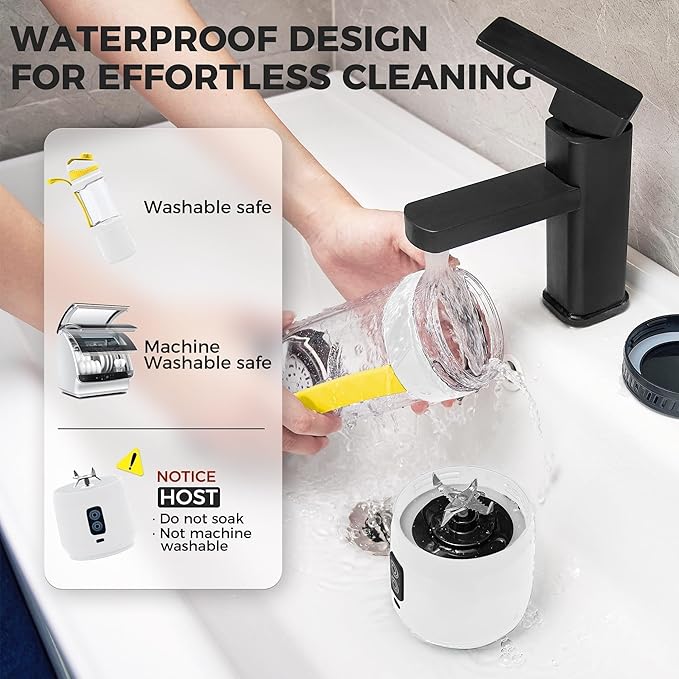 Portable Blender, Anti-Jamming 300 Watt for Shakes and Smoothies, 24oz Travel Blender USB Rechargeable, BPA Free Sporty bottle with a Travel Lid. (Black Base Grey Lid) (White Base Yellow Lid)