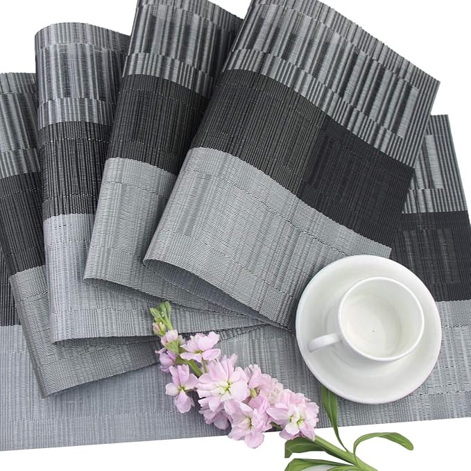 PIGCHCY Placemats,Washable Vinyl Woven Table Mats,Elegant Durable Placemats for Dining Table Set of 4 (Black)