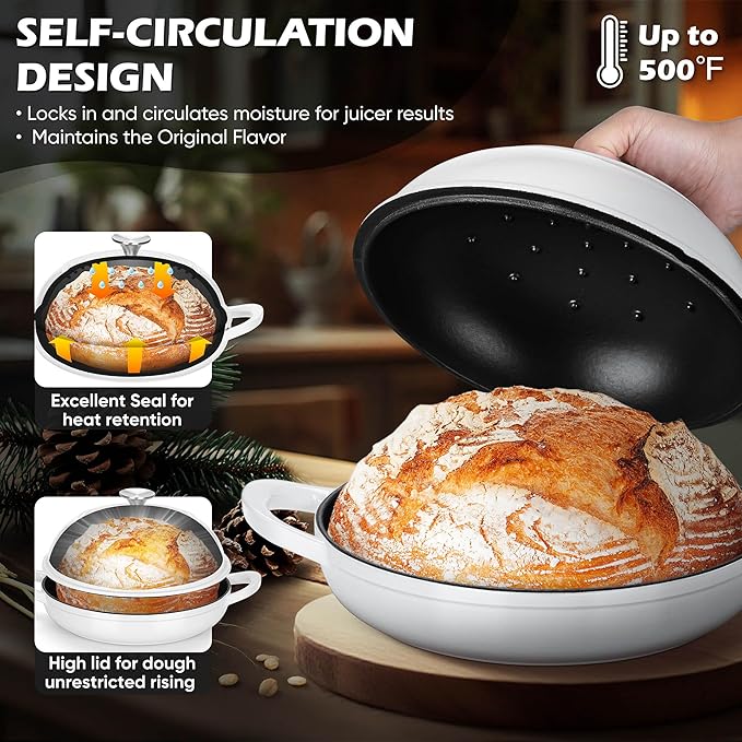 Bread Oven for Sourdough (5.5 QT), Joyfair Enamaled Cast Iron Bread Dutch Oven with Lid, Sourdough Bread Baking Pan, Heavy Duty Dual Handles, Non-Stick & Even Cooking, Oven-safe up to 500°F, White