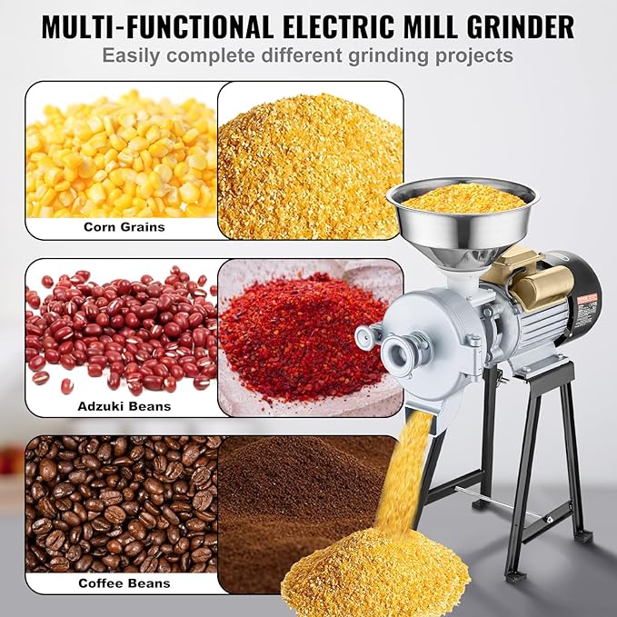 VEVOR Electric Grain Mill Grinder, 3000W Spice Grinders, Commercial Corn Mill with Funnel, Thickness Adjustable Powder Machine, Heavy Duty Feed Flour Cereal Mill Wheat Grinders, Dry & Wet Grinder