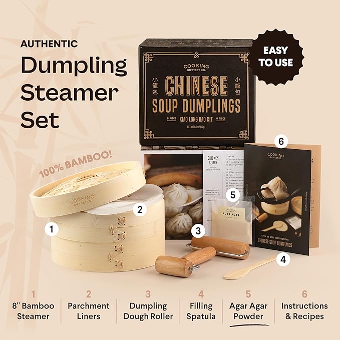 Cooking Gift Set Co. Bamboo Steamer Basket Soup Dumpling Kit - 2 Tier 8-Inch Dumpling Steamer for Cooking with Agar Agar, Roller, Spoon, Liners, Recipes & Step-by-Step Video (6-Piece Set)