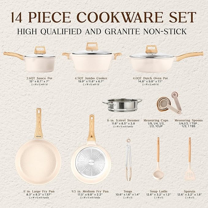 Bakken-Swiss 14-Piece Kitchen Cookware Set – Granite Non-Stick – Eco-Friendly – for All Stoves & Oven-Safe