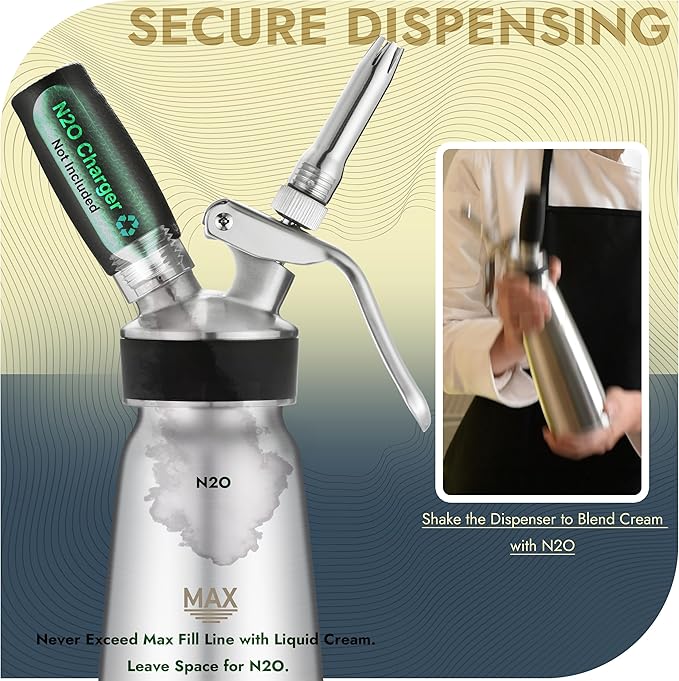 CURTA Professional Whipped Cream Dispenser, Food Grade Stainless Steel Cream Whipper Set with 4 Injector Tips, 3 Decorating Tips and 500ml / 1 Pint Canister, N2O Chargers Not Included …