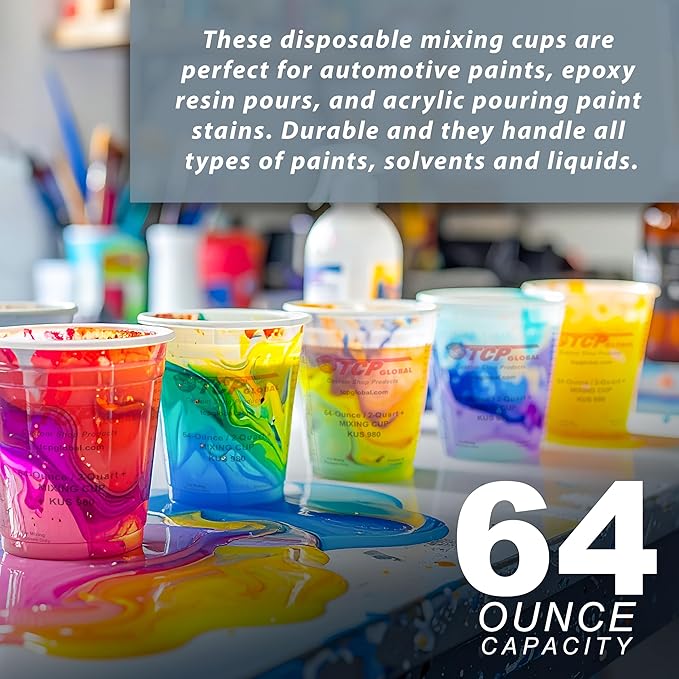 Custom Shop Paint Mixing Cups, 64-Ounce (36 Pack) - Plastic Measuring Cups for Liquids, Automotive Painting, Epoxy Resin, Acrylic Arts, Crafts, Disposable or Reusable, Graduated, Mixing Ratios