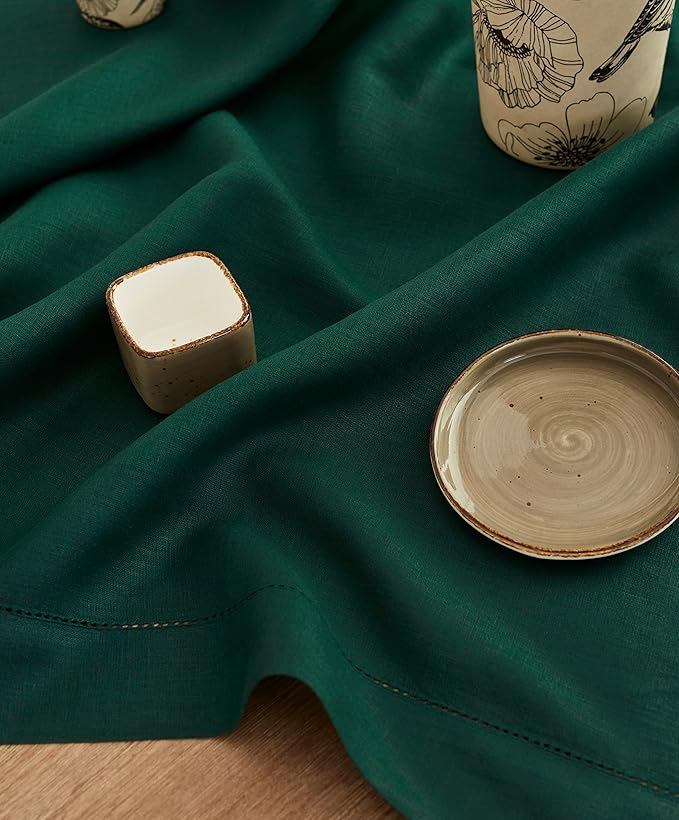 Solino Home Rainforest Green Linen Tablecloth 52 x 52 Inch - 100% Pure Linen Square Table Throw - Classic Hemstitch, Machine Washable Table Cloth for Fall, Autumn