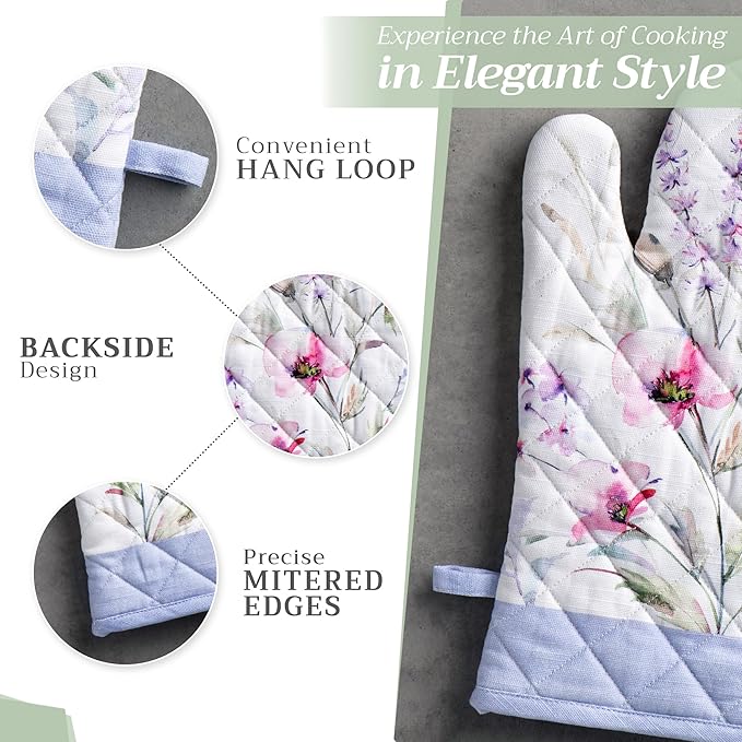 Maison d' Hermine 100% Cotton Oven Mitt & Pot Holder Set (7.5"x13" & 8"x8") Heat Resistant BBQ Cooking Gloves with Loop, Baking, Grilling, Kitchen, Handling Hot Pans Spring/Summer (Summer Floral)