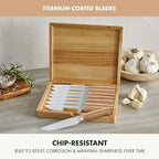 GreenPan Elite 8 Piece Steak Knife Set, Professional Stainless Steel Blades with Titanium Coating, Ultra-Sharp Dining Knives, Kitchen Cutlery, Ergonomic Wood Handles, Wooden Storage Box