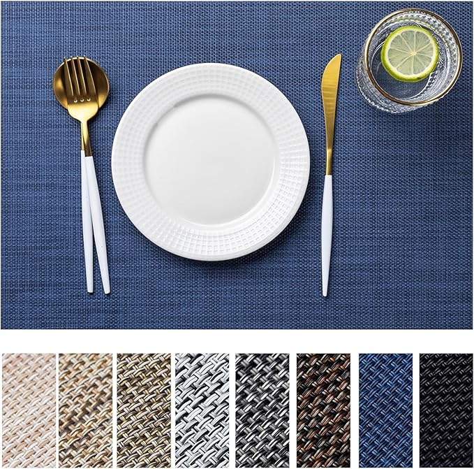 LEXMORE PlaceMats Set of 12 Vinyl/Plastic Woven Place Mats for Kitchen Table Indoor/Outdoor Washable PlaceMats Wipeable Dining Table Mats(Navy Blue)