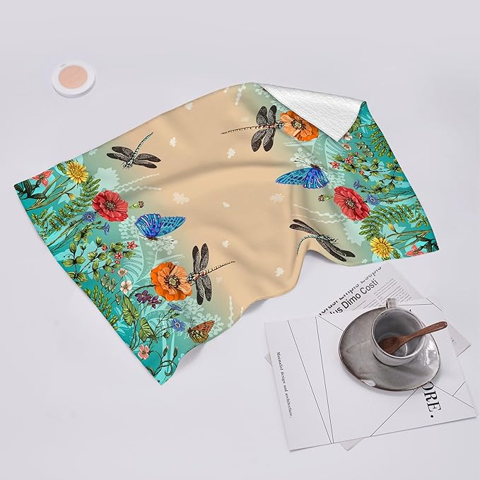 Dragonfly Floral Kitchen Towel Decorative Set of 2 Soft Absorbent Hand Towels Spring Summer Kitchen Decor Bloom Flowers Tea Towels Farmhouse Dish Towels for Kitchen Drying Bathroom Home Decor