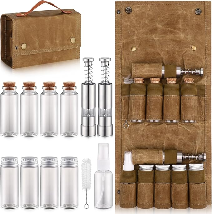 TOBWOLF Camping Spice Kit with 9 Jars, 2 Salt/Pepper Grinders, Portable Spice Bag, Foldable Canvas Seasoning Storage Bag Organizer, Mini Condiment Container Set for Outdoor Camping Picnic BBQ - Khaki