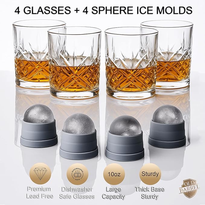 OLD BARREL Whiskey Glasses Set of 8 (4 Glasses with 4 Ice Ball Molds) 10oz Old Fashioned Crystal Glasses Gift Box – Bourbon, Scotch, Cocktail Rocks Glas – Gifts for Men, Dad, Birthday, Christmas Gift