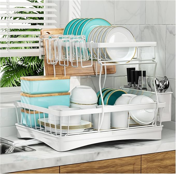 7 code Large Dish Drying Rack, 2-Tier Dish Racks for Kitchen Counter, Detachable Large Capacity Dish Drainer Organizer with Utensil Holder, Dish Drying Rack with Drain Board, White