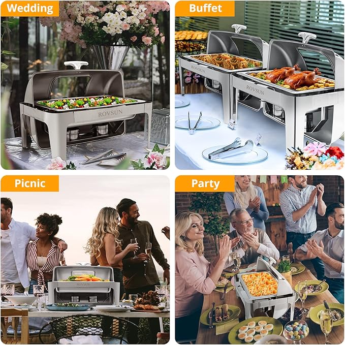 ROVSUN Roll Top Chafing Dish Buffet Set,NSF 9 Quart Rectangular Stainless Steel Chafer for Catering,Buffet Servers and Warmers Set with Glass Window for Wedding, Parties, Banquet, Events, Full Size
