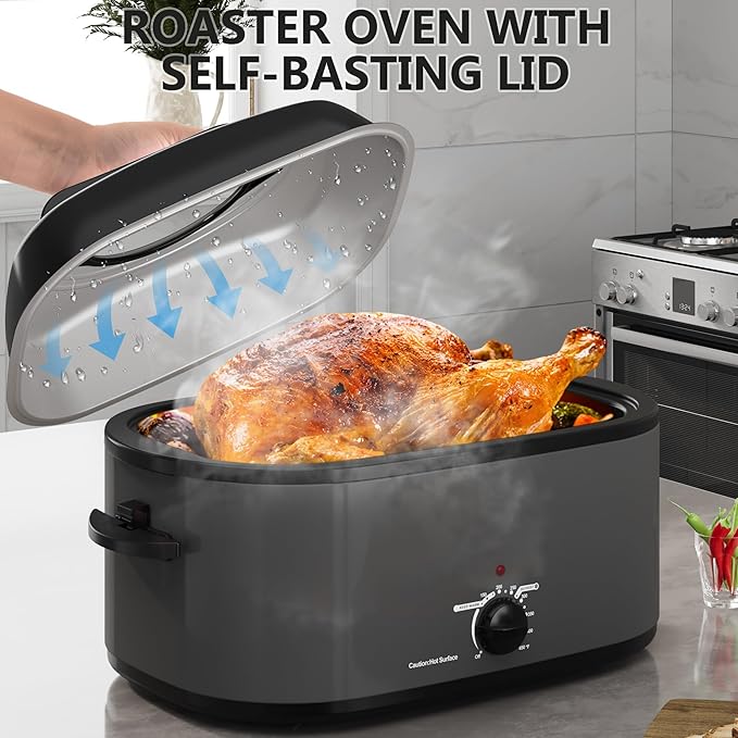 SUNVIVIPRO Roaster Oven 28 Quart, Electric Turkey Roaster with Self-Basting Lid, Removable Pan & Rack, Variable Temp Control, Stainless Steel, Grey