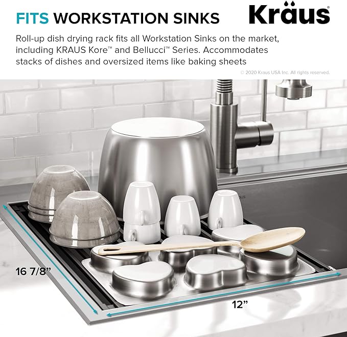 Kraus Multipurpose Workstation Sink Roll-Up Dish Drying Rack, Colander and Trivet in Red, KRM-11RD