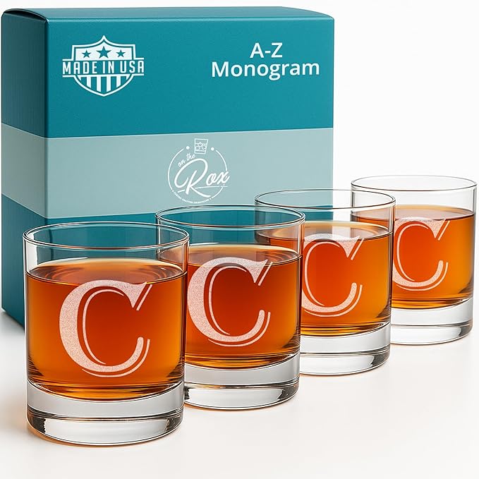 On The Rox Drinks (C-Monogram) - 4 Piece Set of 11 Ounce Engraved Heavy Base Rocks Glasses Elegant Glass-Multi-Purpose Beverage-Rocks Glass- Gift for any Occasion