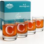 On The Rox Drinks (C-Monogram) - 4 Piece Set of 11 Ounce Engraved Heavy Base Rocks Glasses Elegant Glass-Multi-Purpose Beverage-Rocks Glass- Gift for any Occasion
