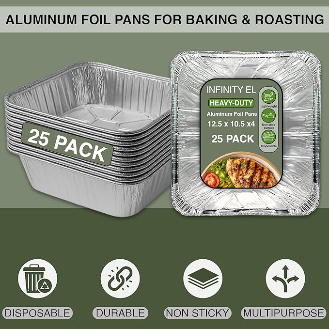 INFINITY EL Disposable Aluminum Foil Pans 25 Pack | Half Pan Extra 12.5" x 10.5" x 4" Deep Disposable Baking Pan | Heavy Duty Aluminum Foil Pan for Roasting Turkey, Lasagna, Thanksgiving, Christmas