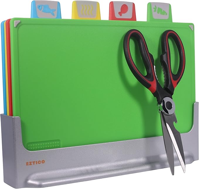 Cutting Board Set: 4-Piece Color-Coded, Non-Slip, BPA-Free, Perfect kitchen essentials for new home, Dishwasher Safe with Premium Scissors and Chopping Board Organizer, Quality kitchen stuff.