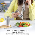 Salt and Pepper Shakers set with Adjustable Pour Holes - Elegant Stainless Steel Spice Dispenser - Perfect for Himalayan, Table Salt, White and Black Pepper (Salt & Pepper Shakers Set + Bamboo Stand)