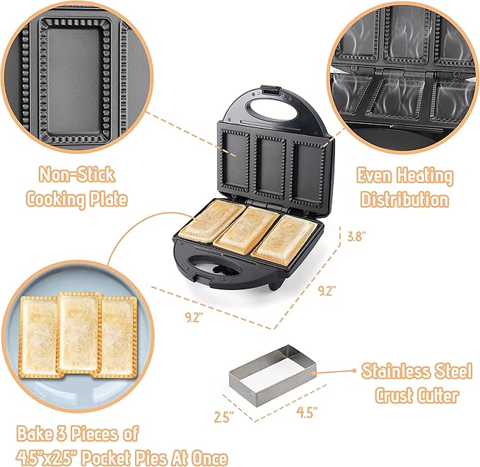 Electric Mini Pocket Pie Maker Machine with Crust Cutter, Pocket Pie Iron Press with Non Stick Surface, Ideal for Hot Chicken Pockets Pizza Pockets Grilled Cheese Sandwiches and More