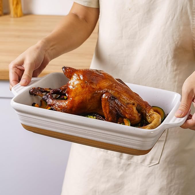 Casserole Dish Cookware , 14.5" Lasagna Pan Deep for Oven, Ceramic Baking Dish, Large Baking Pan with Handles, Durable Bakeware for Lasagna Cake Chicken Turkey, Wedding Housewarming Christma Gift, White