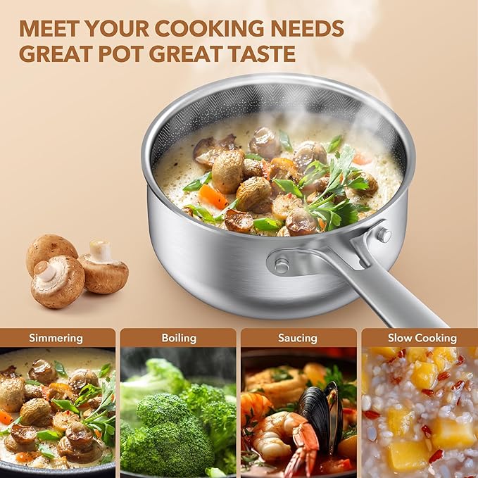 PekGema Saucepan with Lid, Hybrid Nonstick Sauce Pot 1.5 Quart, Tri-Ply Stainless Steel, PFOA FREE Small Pot, Induction Compatible, Oven and Dishwasher Safe