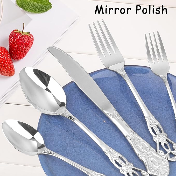 Retro Royal Silverware Set With Gift Box, 60-Pieces Cutlery Set Utensils Stainless Steel Flatware For 12 MIKIWAY Kitchen Tableware Set For Gifts Festive, Dishwasher Safe, Mirror Polishing