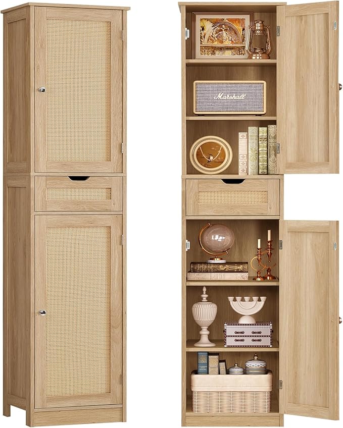 67" H Tall Storage Cabinet with 2 Rattan Doors and 1 Drawer, Narrow Rattan Cabinet with Adjustable Shelves, for Living Room, Entryway, Kitchen, Natural