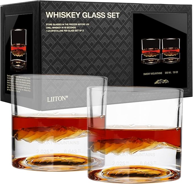 LIITON Smoky Mountain Heavy Crystal Whiskey Glasses Gift Set of 2, Thick Freezable Bourbon Glass 1lb Each, Premium Whiskey Gifts for Men, Frozen Crystal Chills Cocktails, 10 oz